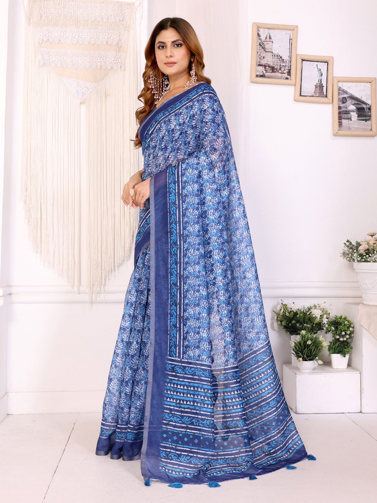 Elegant White Chanderi Saree with Digital Floral Print  | Royal & Navy Blue Accents | Lightweight Designer Saree with Matching Blouse Piece โ 5.5 Meters